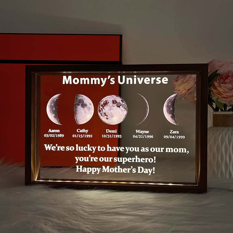 Led light frame with custom text and date - mom's universe