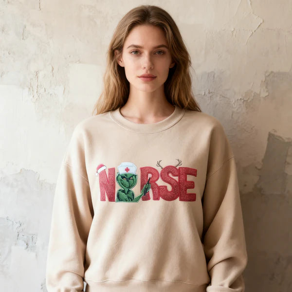 Custom Glitter Embroidered Christmas Nurse Grinch Sweatshirt