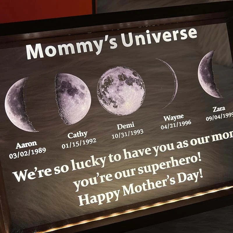 Led light frame with custom text and date - mom's universe