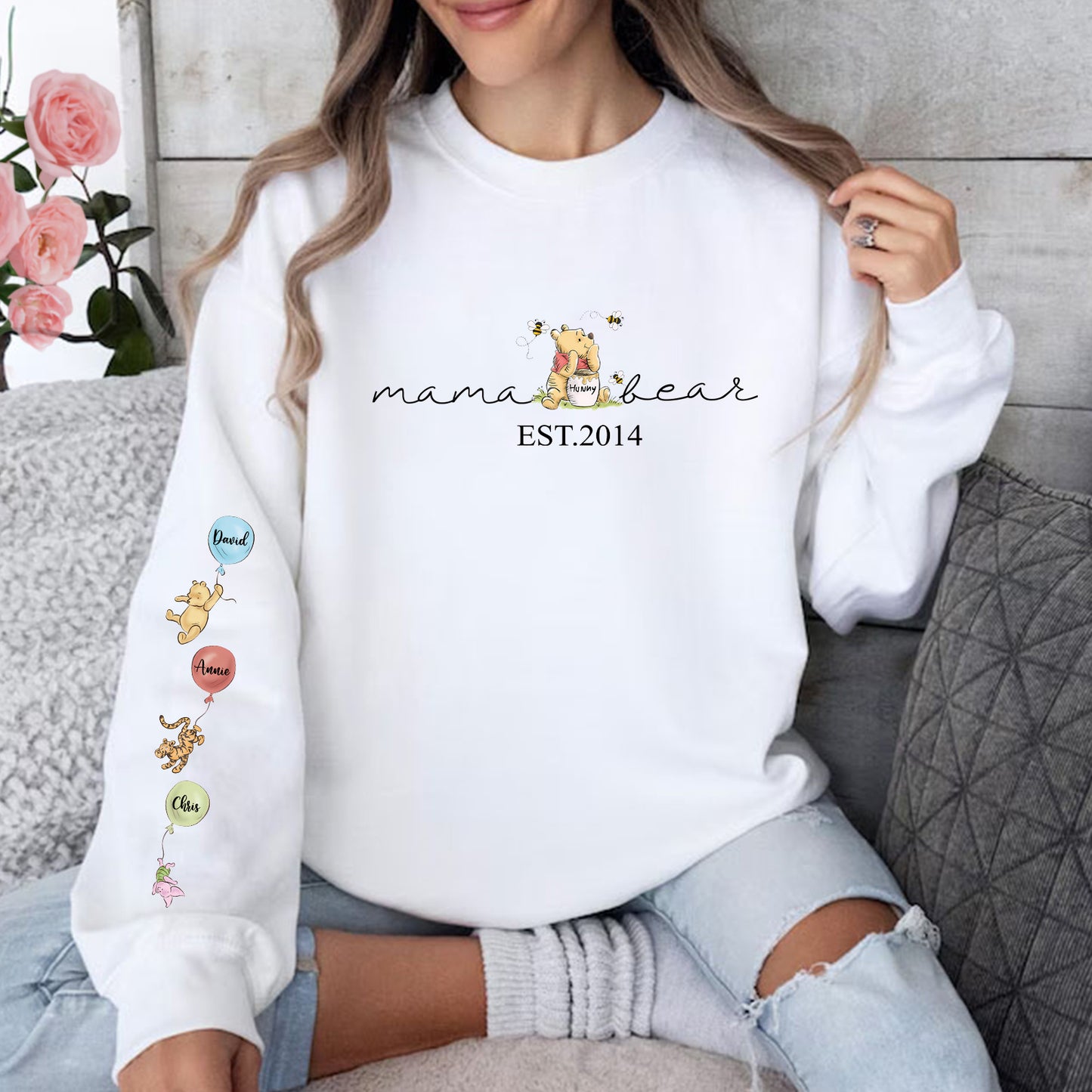 Custom Mama Bear Sweatshirt/Hoodie/Crewneck, Mama Est with Kid Name on Sleeve Sweatshirt