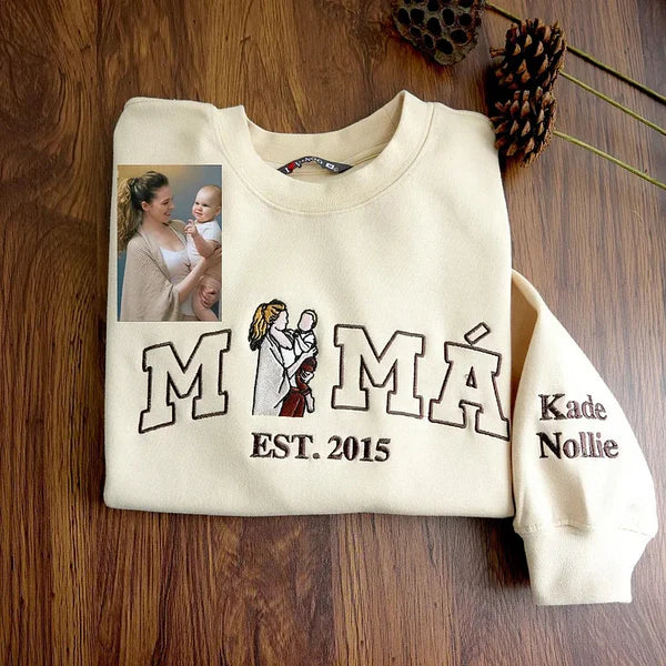 Mama,Mom T-shirt with Photo, Custom Embroidered Sweatshirt Mama and Kids Portrait