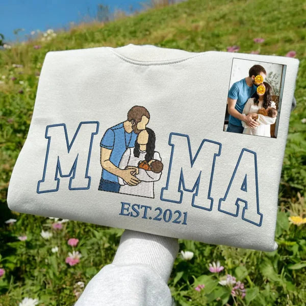 Mama,Mom T-shirt with Photo, Custom Embroidered Sweatshirt Mama and Kids Portrait