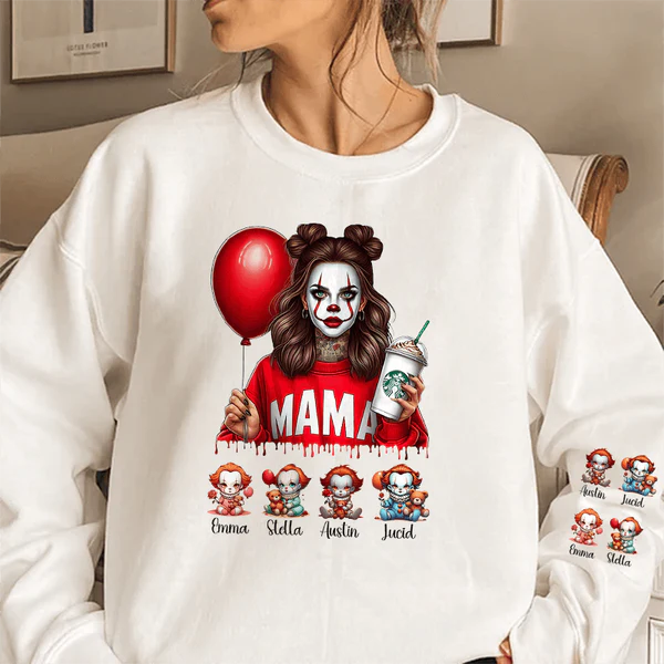 Personalized Halloween Horror Mama Movie Sweatshirt, Mama Shirt With Kids Name, Spooky Season Halloween