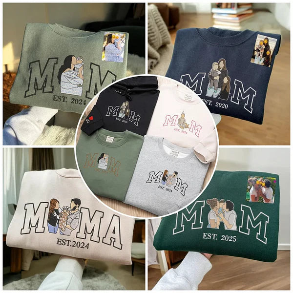 Mama,Mom T-shirt with Photo, Custom Embroidered Sweatshirt Mama and Kids Portrait