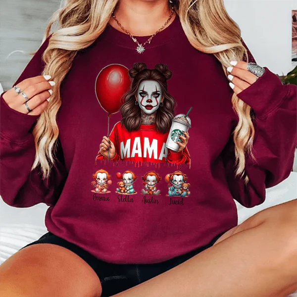 Personalized Halloween Horror Mama Movie Sweatshirt, Mama Shirt With Kids Name, Spooky Season Halloween