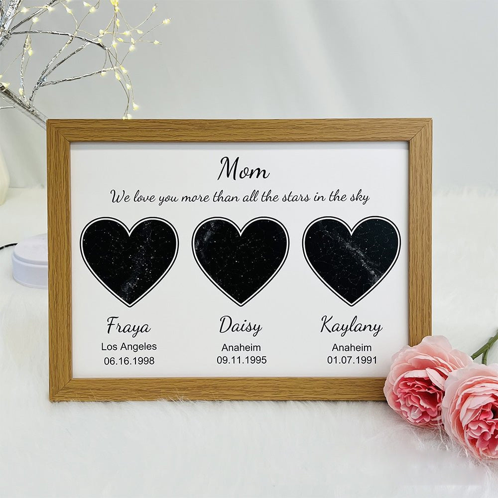 Custom heart-shaped frame with text, date, and location—Mom's World