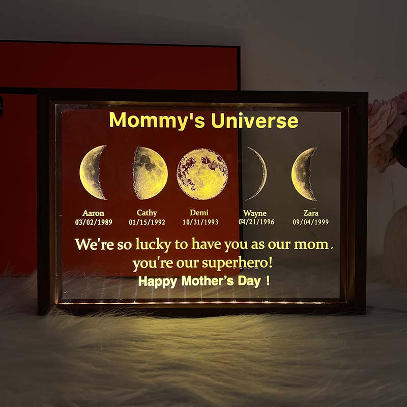 Led light frame with custom text and date - mom's universe