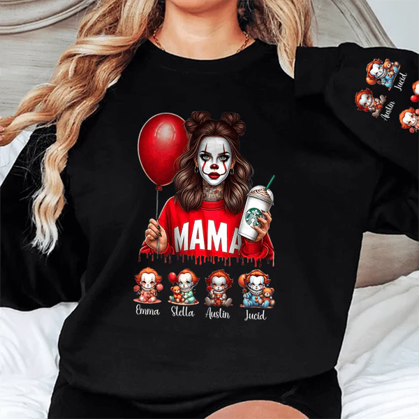 Personalized Halloween Horror Mama Movie Sweatshirt, Mama Shirt With Kids Name, Spooky Season Halloween