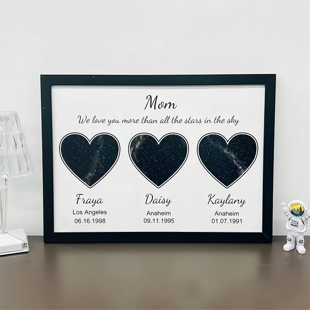 Custom heart-shaped frame with text, date, and location—Mom's World