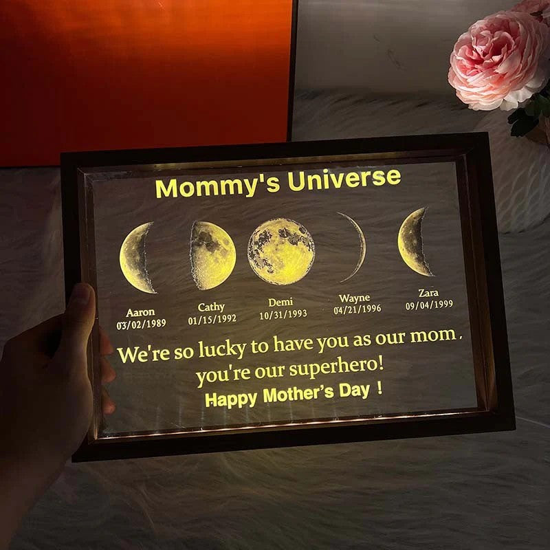 Led light frame with custom text and date - mom's universe