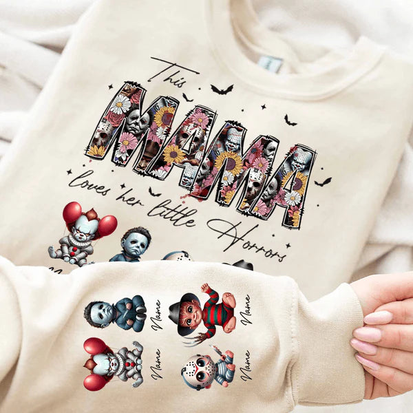 Personalized This Mama Loves Her Little Horrors Sweatshirt, Mama Shirt With Kids Name, Spooky Season Halloween