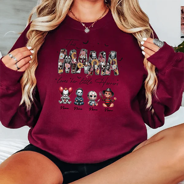 Personalized This Mama Loves Her Little Horrors Sweatshirt, Mama Shirt With Kids Name, Spooky Season Halloween