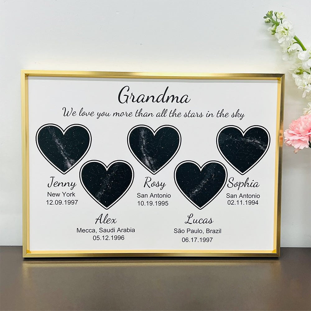 Custom heart-shaped frame with text, date, and location—Mom's World