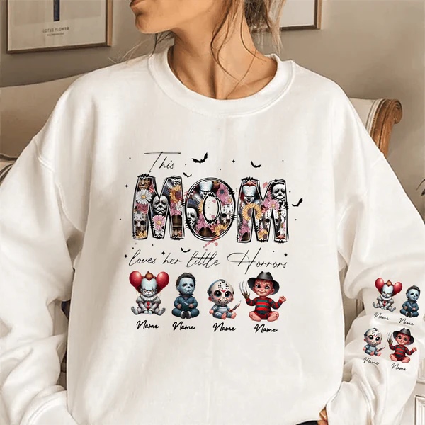 Personalized This Mama Loves Her Little Horrors Sweatshirt, Mama Shirt With Kids Name, Spooky Season Halloween