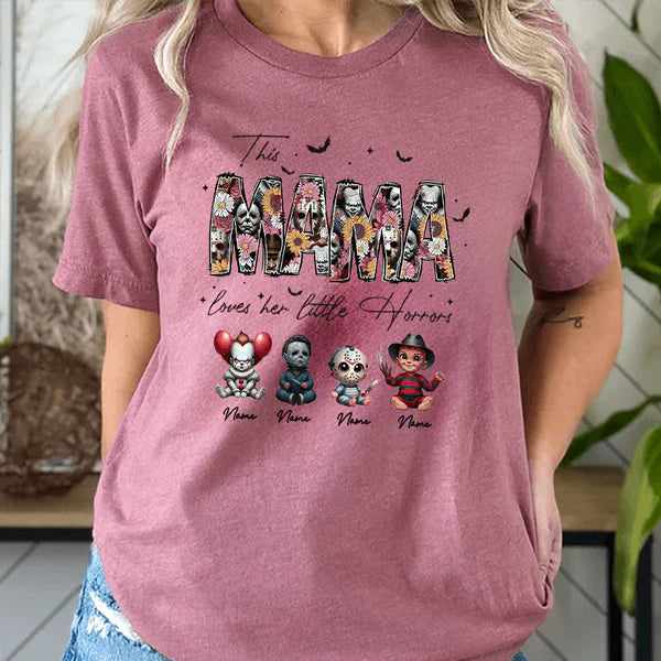 Personalized This Mama Loves Her Little Horrors Sweatshirt, Mama Shirt With Kids Name, Spooky Season Halloween