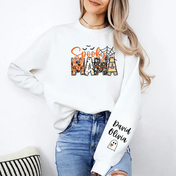 Spooky Mama-Halloween Mama Sweatshirt with Kids Name on Sleeve