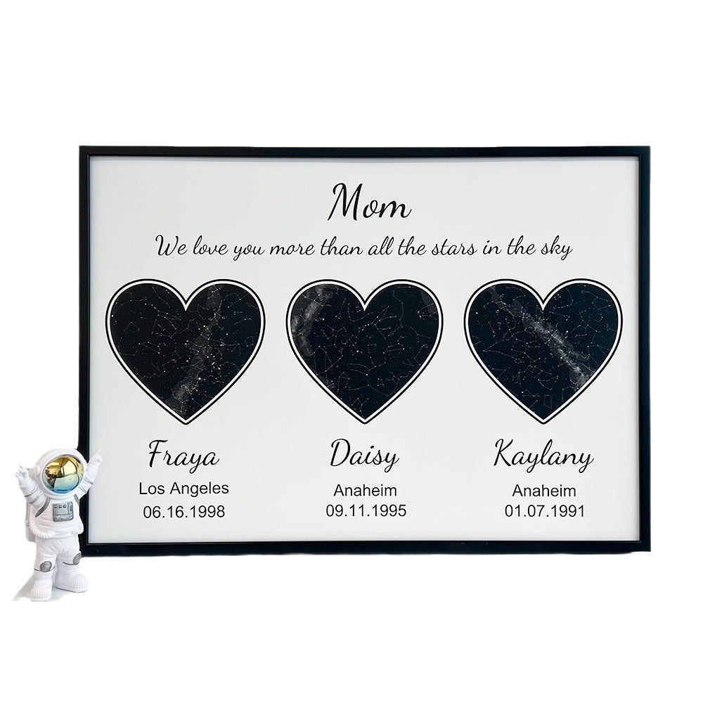 Custom heart-shaped frame with text, date, and location—Mom's World