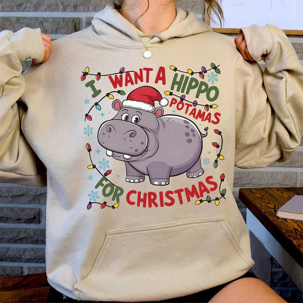 I Want A Hippopotamus For Christmas Sweatshirt, Hippo Christmas Lights Sweater, Christmas Hippopotamus Sweatshirt, Cute Christmas Party Shirts