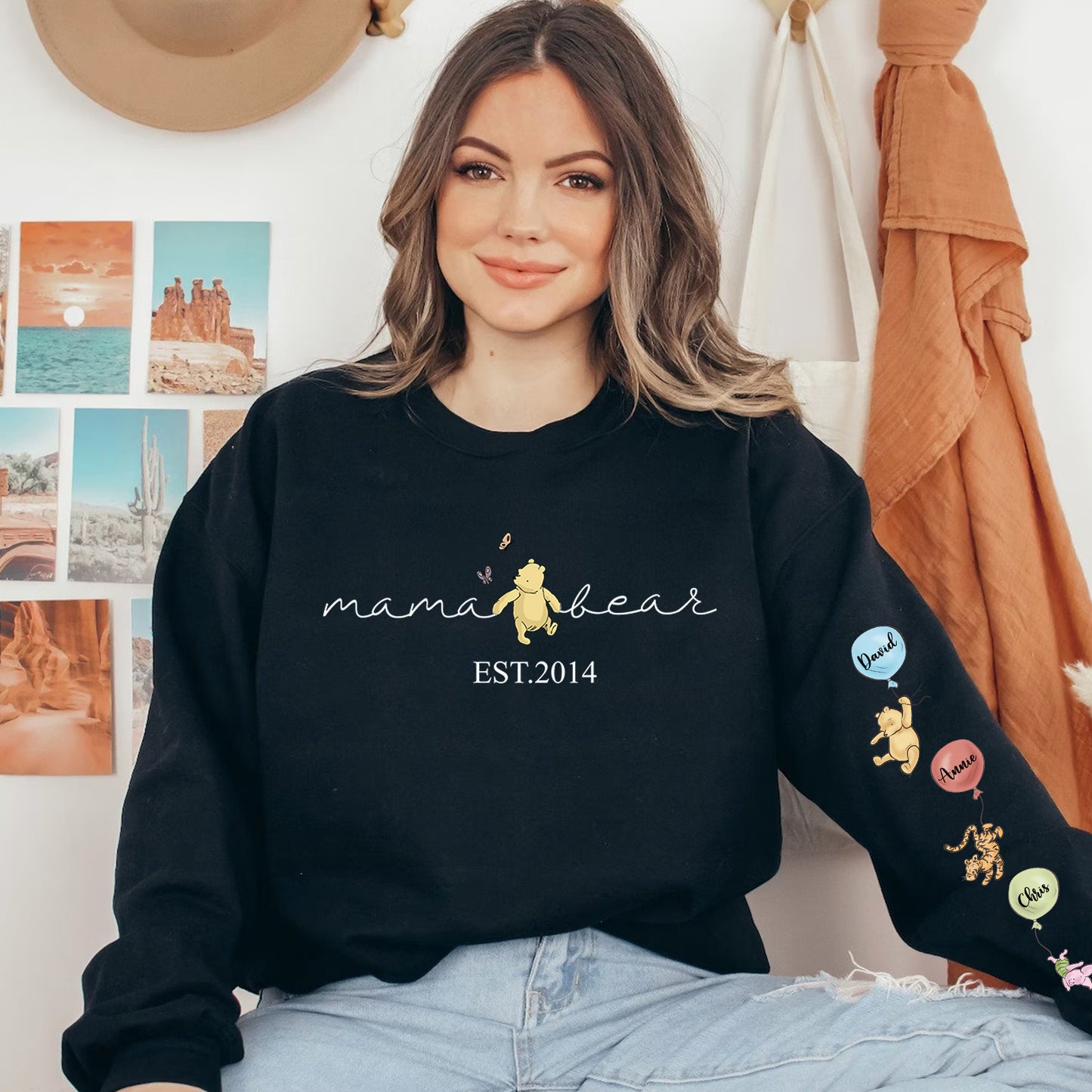 Custom Mama Bear Sweatshirt/Hoodie/Crewneck, Mama Est with Kid Name on Sleeve Sweatshirt