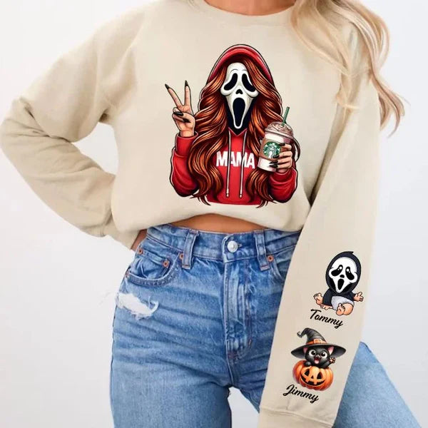 Custom Halloween MAMA Sweatshirt with Kid's Names/Pet's Names on the Sleeve