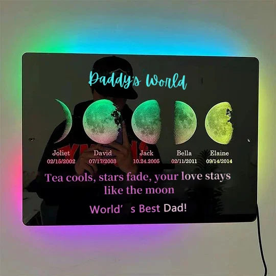 Custom LED Mirror Light Frame with text and date - dad's universe. Enter a date and we'll find out for you what it's like to live on the moon.