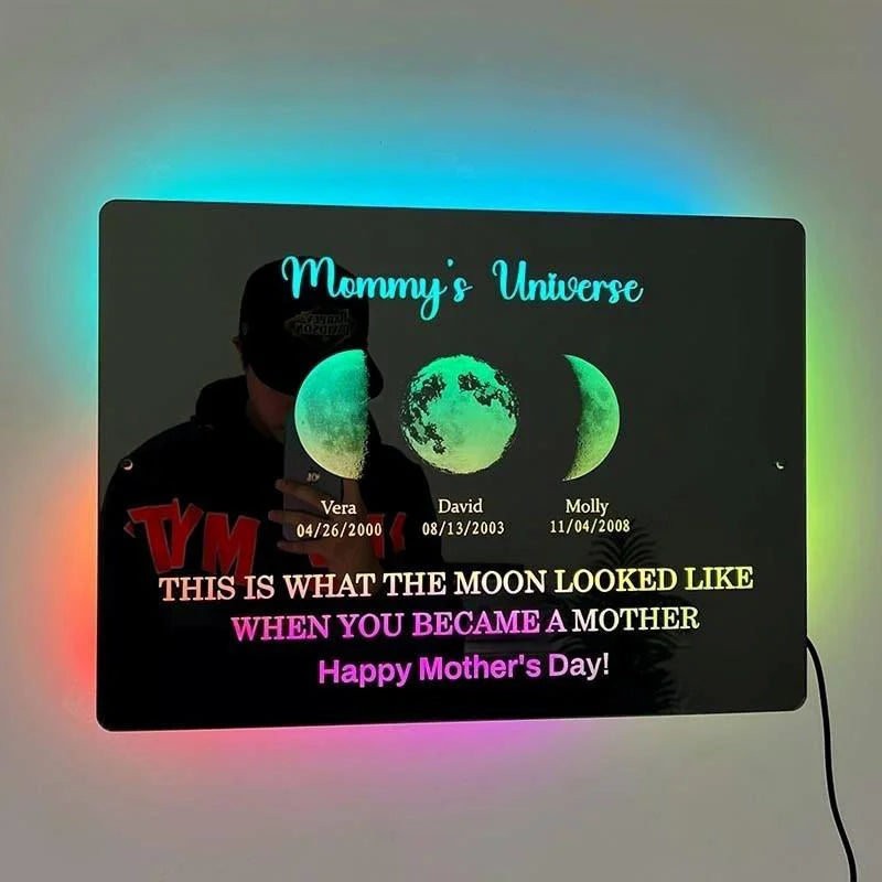 Custom LED Mirror Light Frame with text and date - dad's universe. Enter a date and we'll find out for you what it's like to live on the moon.