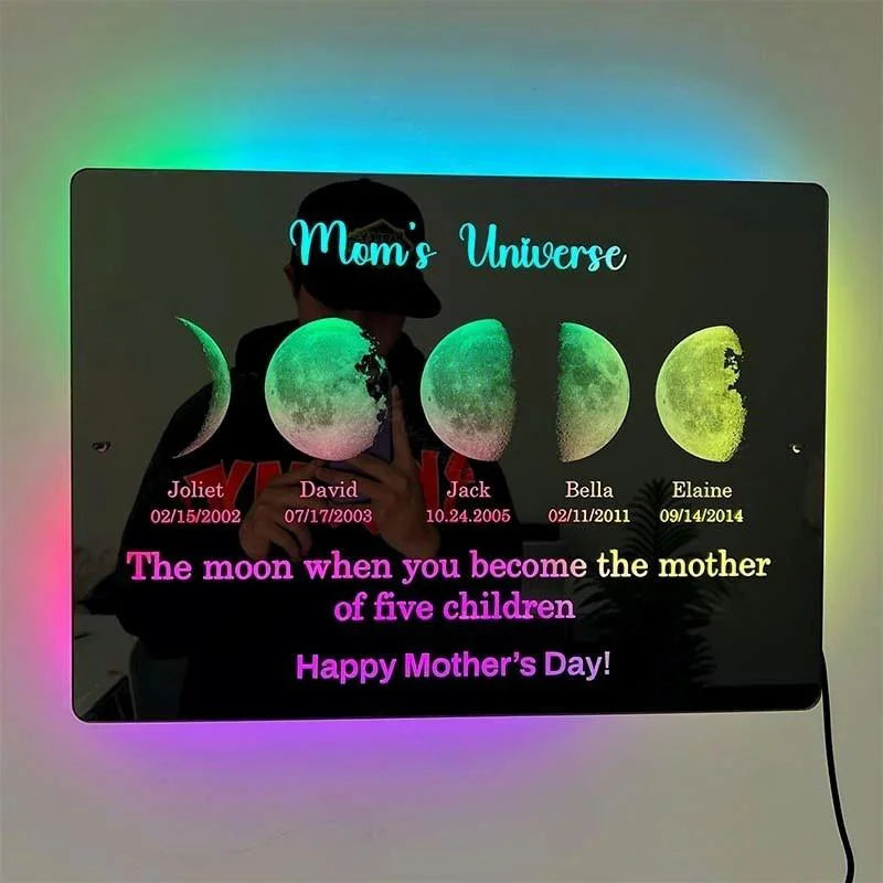 Custom LED Mirror Light Frame with text and date - dad's universe. Enter a date and we'll find out for you what it's like to live on the moon.