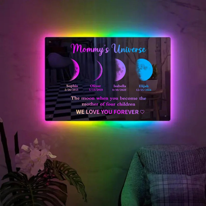 Custom LED Mirror Light Frame with text and date - dad's universe. Enter a date and we'll find out for you what it's like to live on the moon.