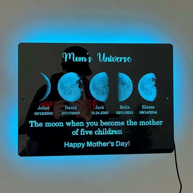 Custom LED Mirror Light Frame with text and date - dad's universe. Enter a date and we'll find out for you what it's like to live on the moon.