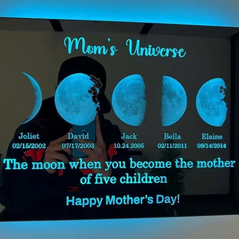 Custom LED Mirror Light Frame with text and date - dad's universe. Enter a date and we'll find out for you what it's like to live on the moon.