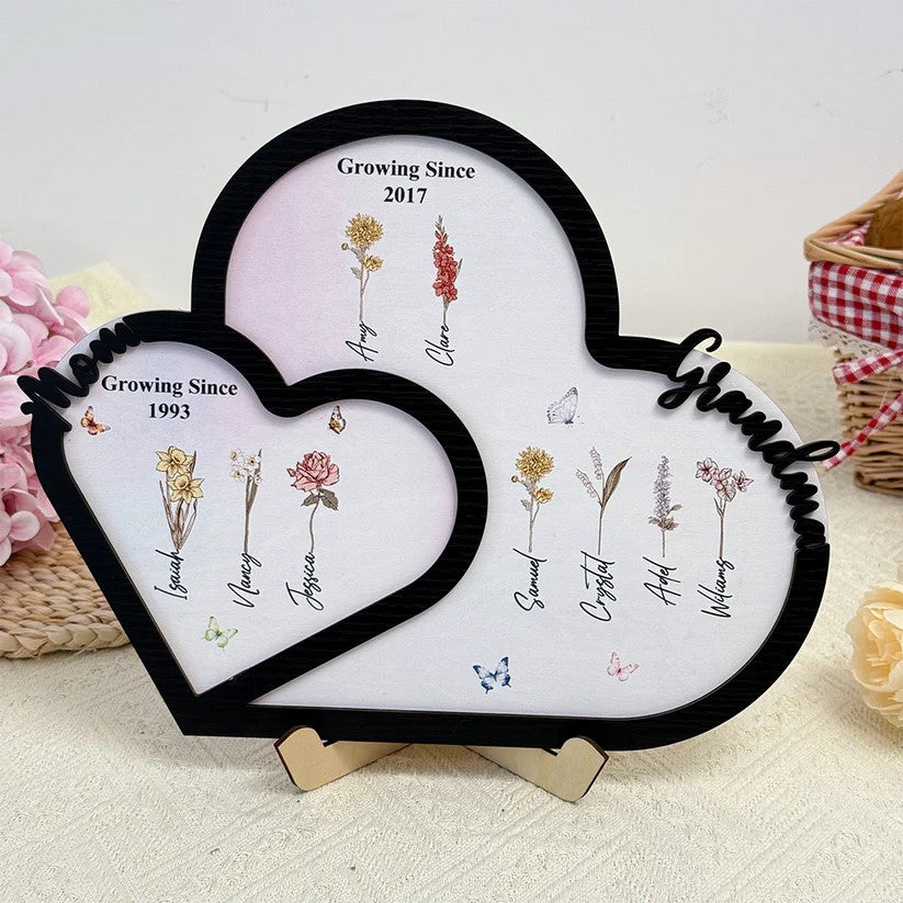 Personalized First Mom Now Grandma Birth Month Flower Heart Wooden Plaque Gift