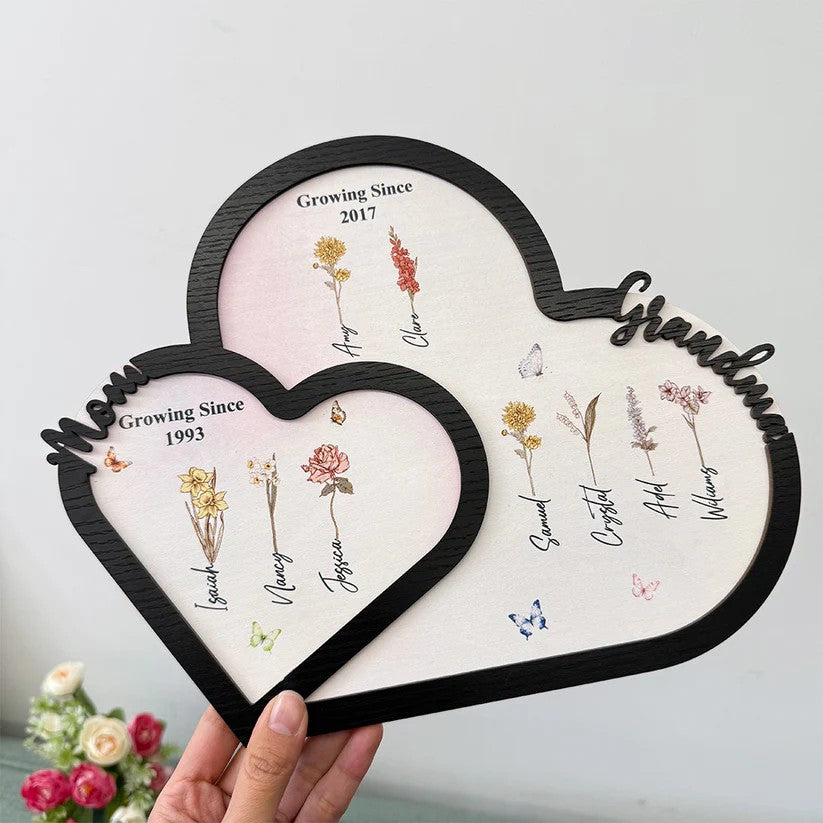 Personalized First Mom Now Grandma Birth Month Flower Heart Wooden Plaque Gift