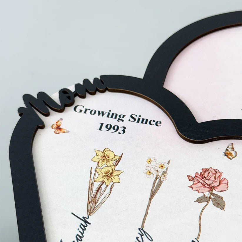 Personalized First Mom Now Grandma Birth Month Flower Heart Wooden Plaque Gift