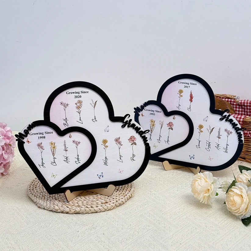 Personalized First Mom Now Grandma Birth Month Flower Heart Wooden Plaque Gift