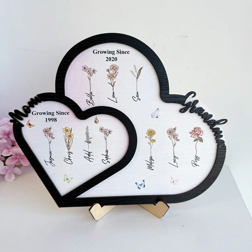 Personalized First Mom Now Grandma Birth Month Flower Heart Wooden Plaque Gift