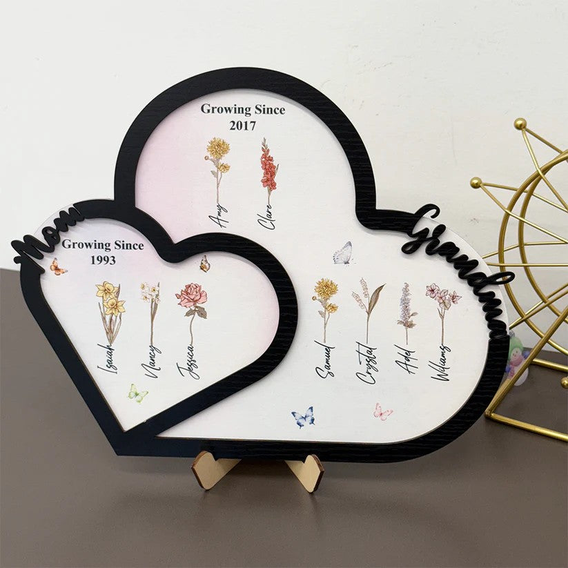 Personalized First Mom Now Grandma Birth Month Flower Heart Wooden Plaque Gift