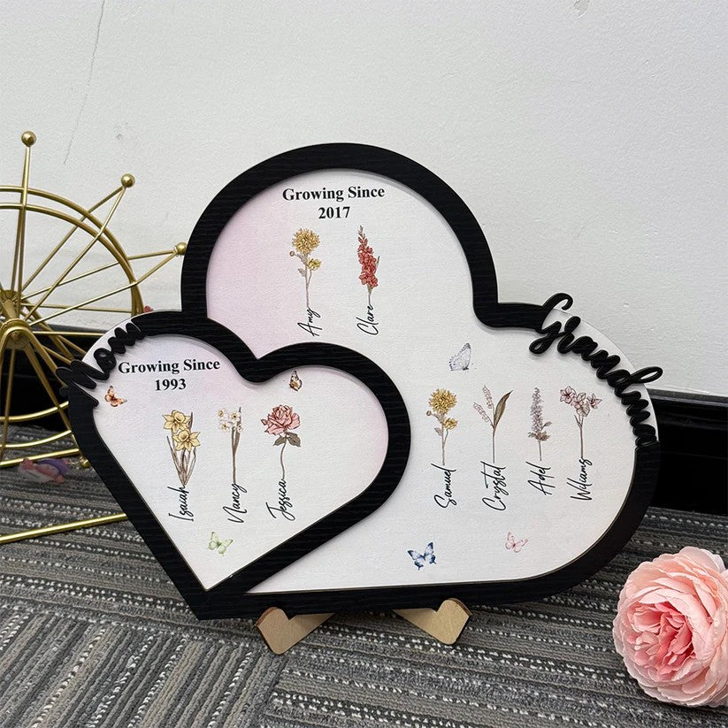 Personalized First Mom Now Grandma Birth Month Flower Heart Wooden Plaque Gift