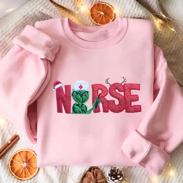 Custom Glitter Embroidered Christmas Nurse Grinch Sweatshirt