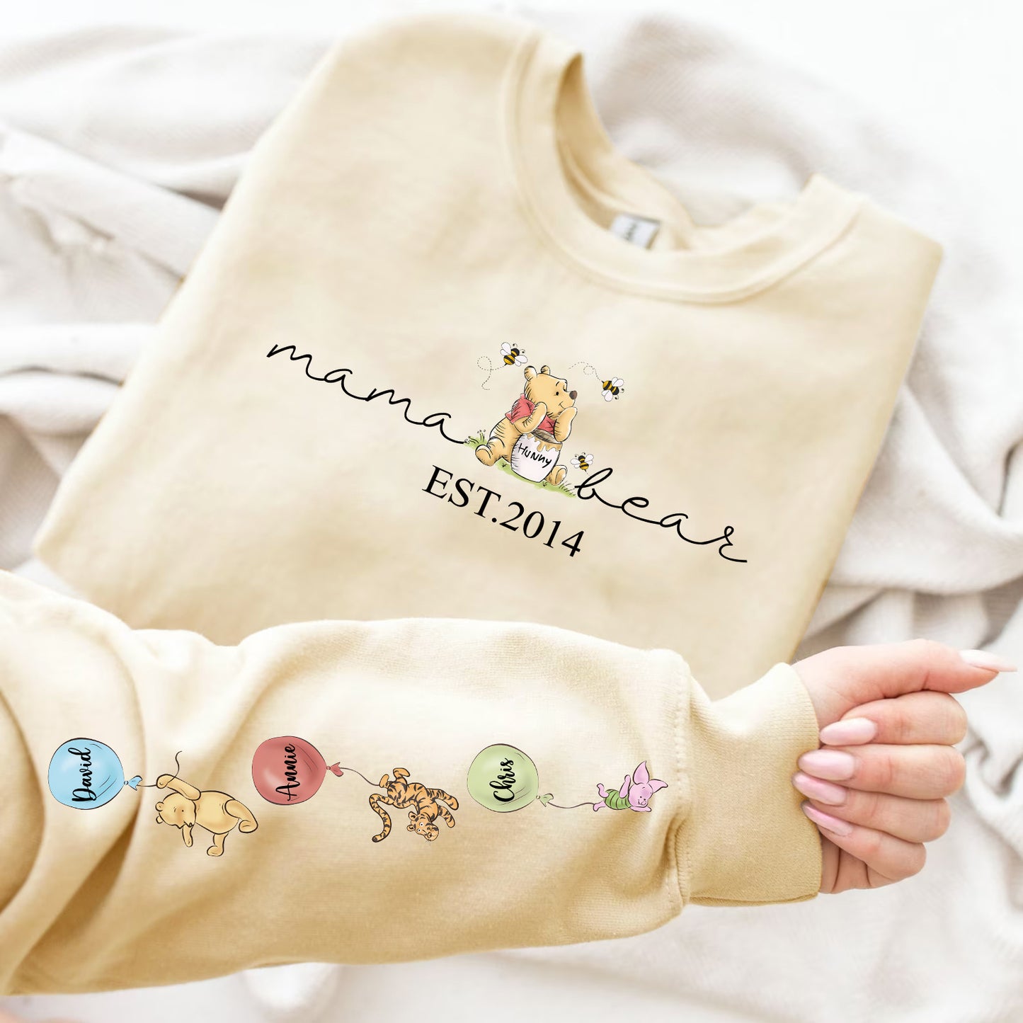 Custom Mama Bear Sweatshirt/Hoodie/Crewneck, Mama Est with Kid Name on Sleeve Sweatshirt