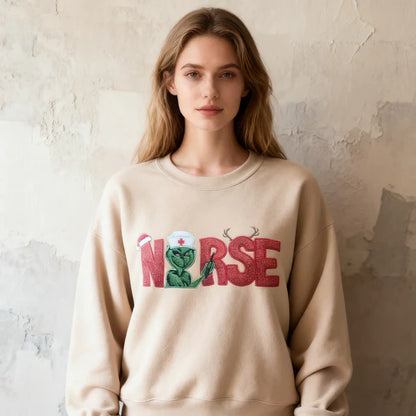 Custom Glitter Embroidered Christmas Nurse Grinch Sweatshirt