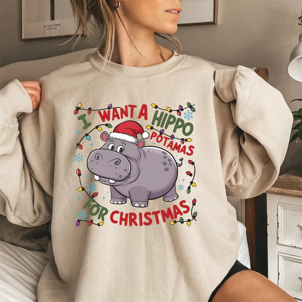 I Want A Hippopotamus For Christmas Sweatshirt, Hippo Christmas Lights Sweater, Christmas Hippopotamus Sweatshirt, Cute Christmas Party Shirts