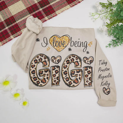 Personalized I Love Being Gigi Leopard Sweatshirt, Custom Grandma and Grandkids Sweatshirt Sweatshirt