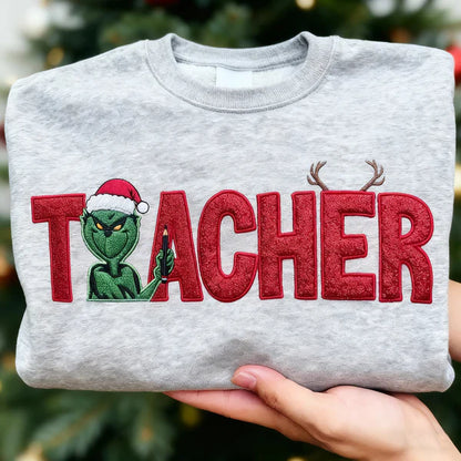 Custom Glitter Embroidered Christmas Grinch Teacher Sweatshirt