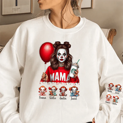 Personalized Halloween Horror Mama Movie Sweatshirt, Mama Shirt With Kids Name, Spooky Season Halloween