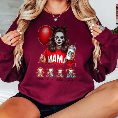 Personalized Halloween Horror Mama Movie Sweatshirt, Mama Shirt With Kids Name, Spooky Season Halloween