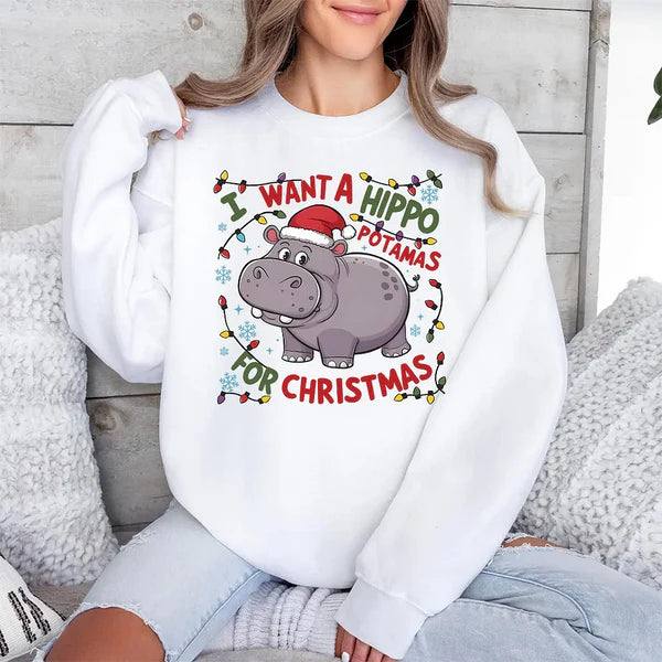 I Want A Hippopotamus For Christmas Sweatshirt, Hippo Christmas Lights Sweater, Christmas Hippopotamus Sweatshirt, Cute Christmas Party Shirts