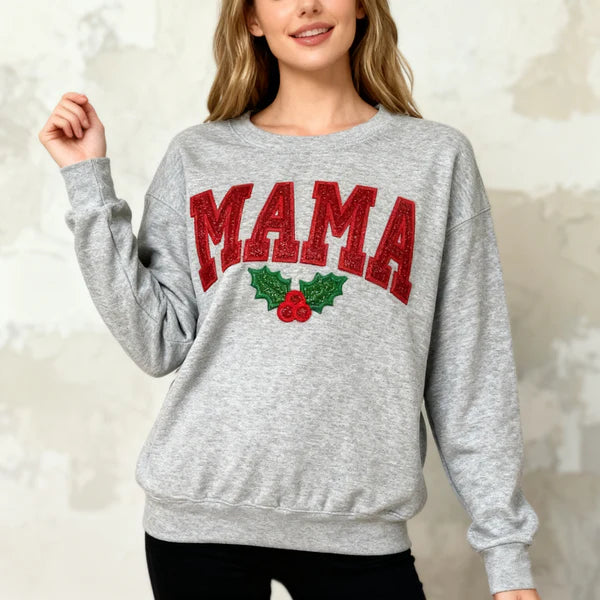 Christmas Mama Sweatshirt Embroidered Glitter Crewneck