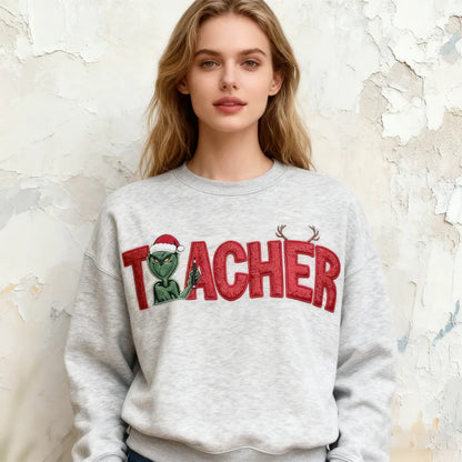 Custom Glitter Embroidered Christmas Grinch Teacher Sweatshirt