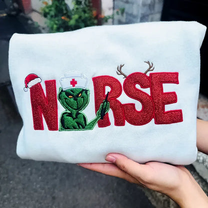 Custom Glitter Embroidered Christmas Nurse Grinch Sweatshirt
