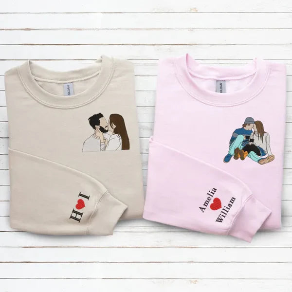 Custom Embroidered Sweatshirt Portrait Couple Family Gift